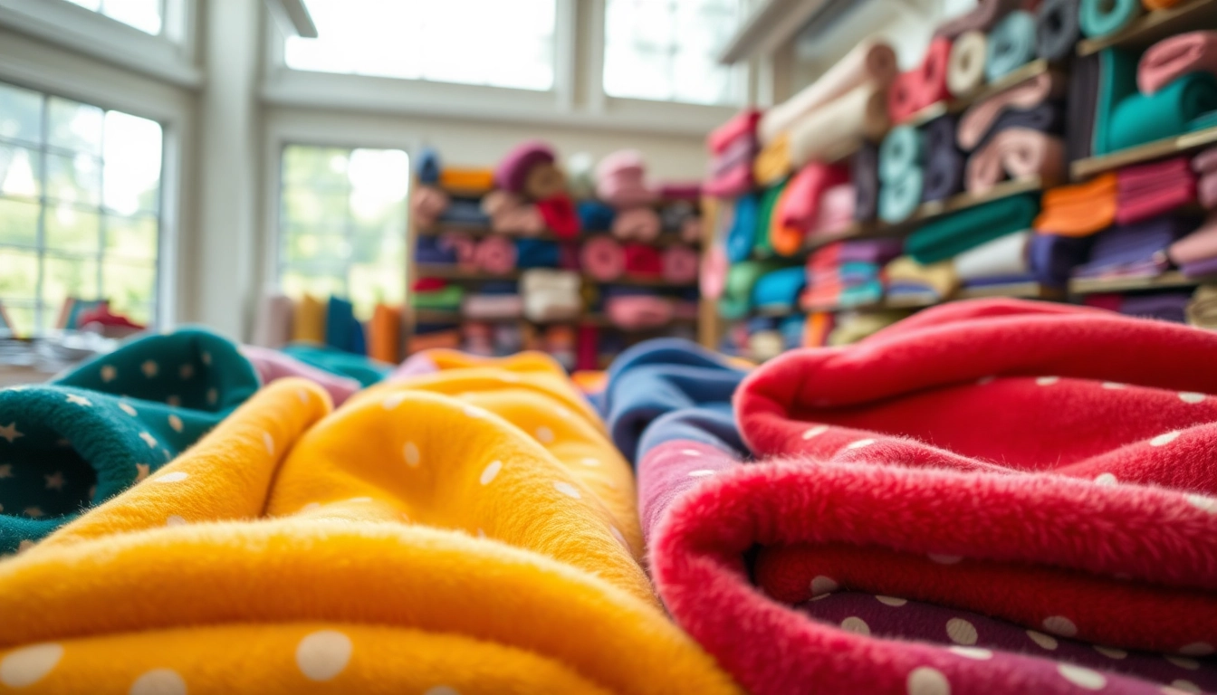 Fleece stof met verschillende patronen gepresenteerd in een stoffenwinkel.