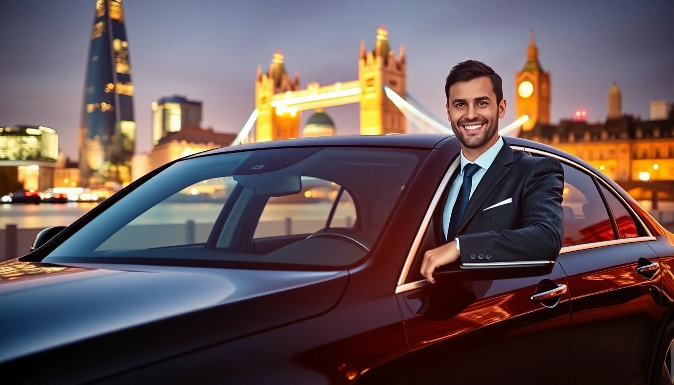 Experience luxury chauffeur hire london with a professional driver and stunning city backdrop.