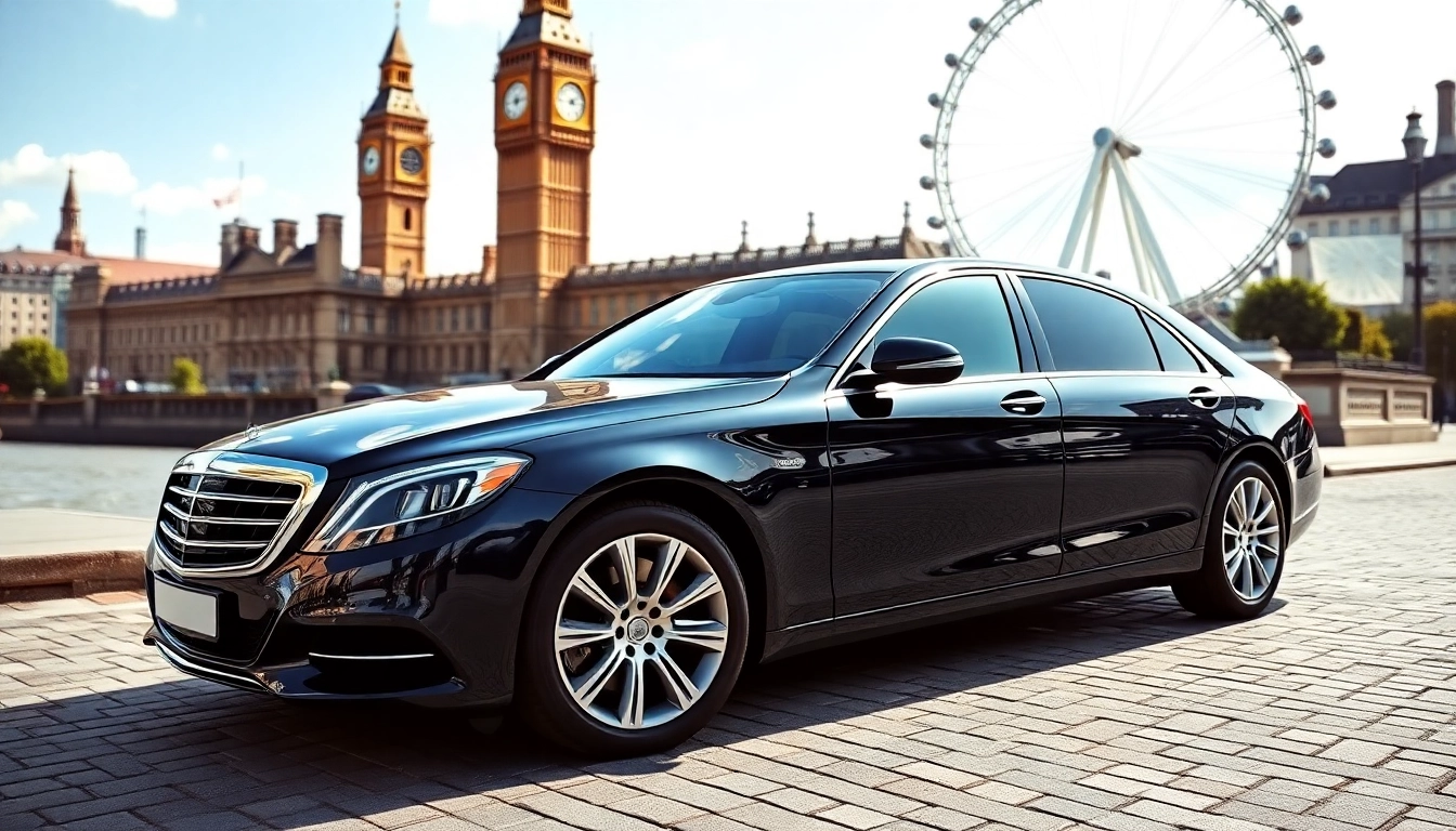 A london chauffeur elegantly parked in a luxury sedan beside famous London landmarks.