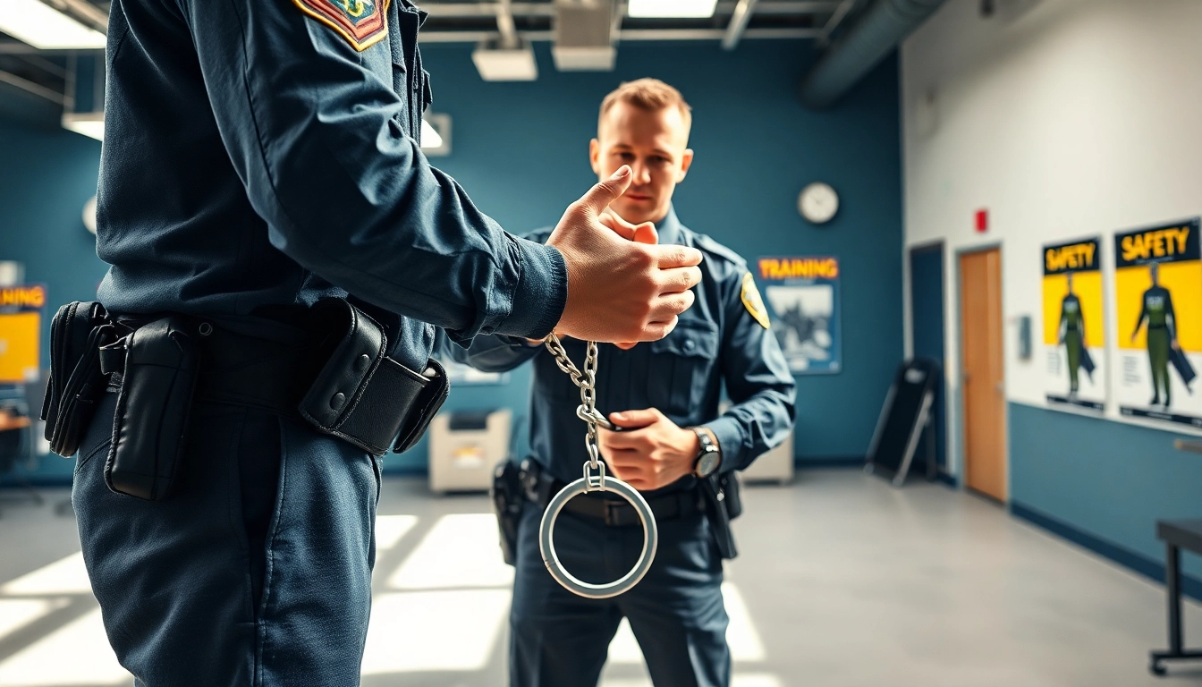 Officers engaging in handcuff training techniques in a professional setting emphasizing safety and skill.