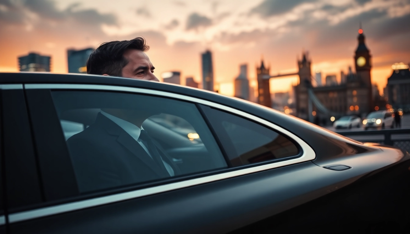 Luxury london chauffeur providing premium transport in front of a vibrant London skyline.