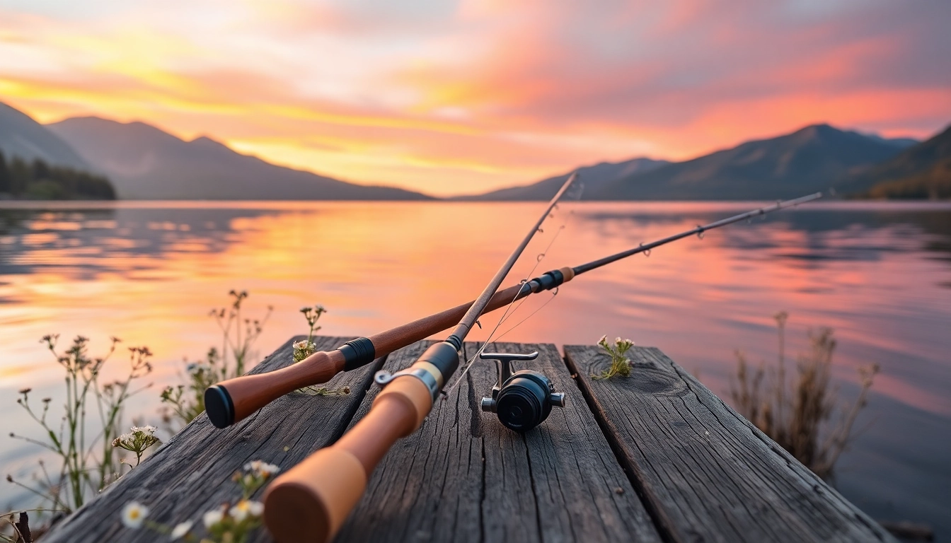 Showcasing the best fly fishing rods arranged beautifully against a serene mountain lake backdrop.