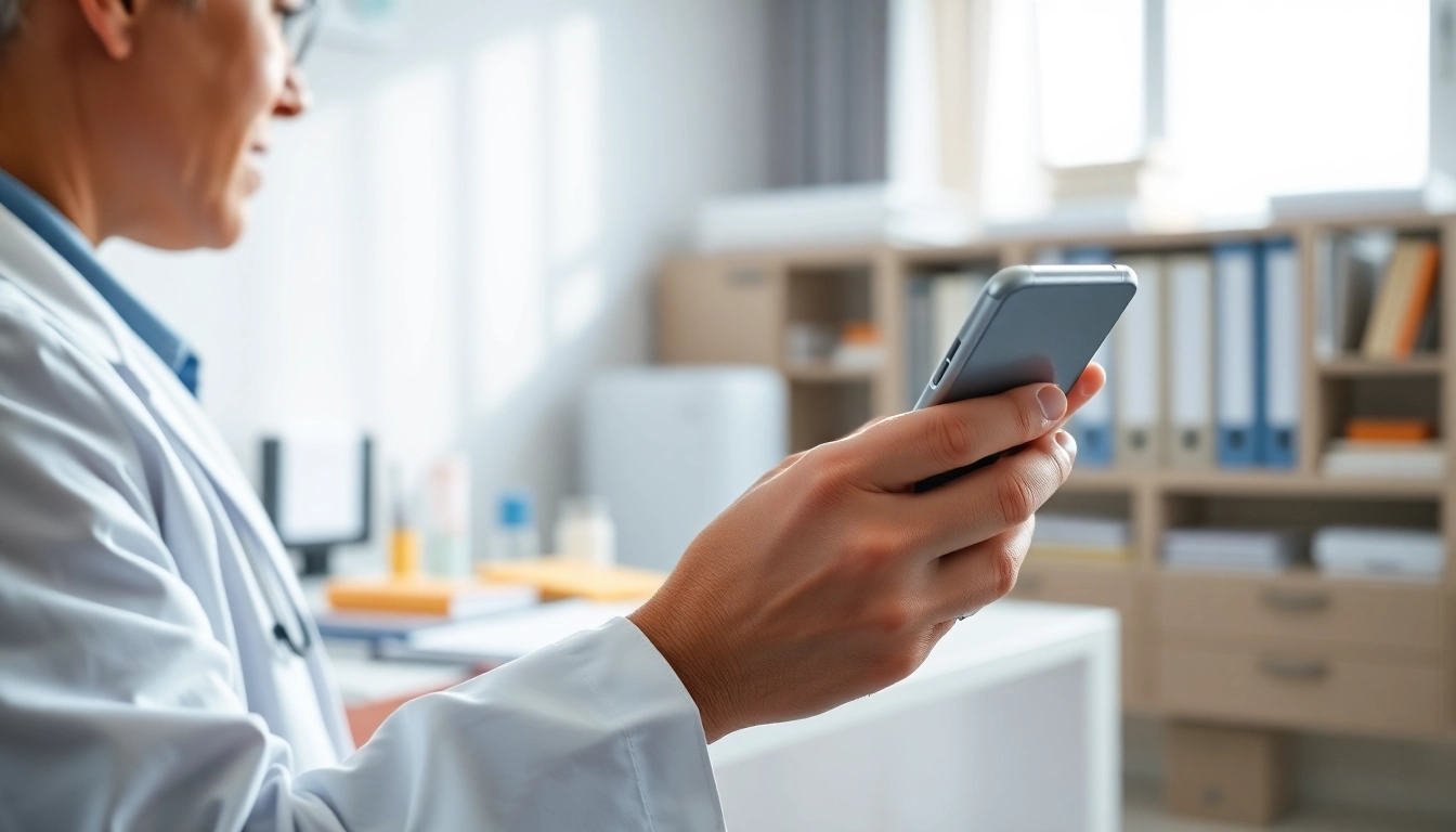Healthcare provider using eprescription apps for android on smartphone in clinical setting.